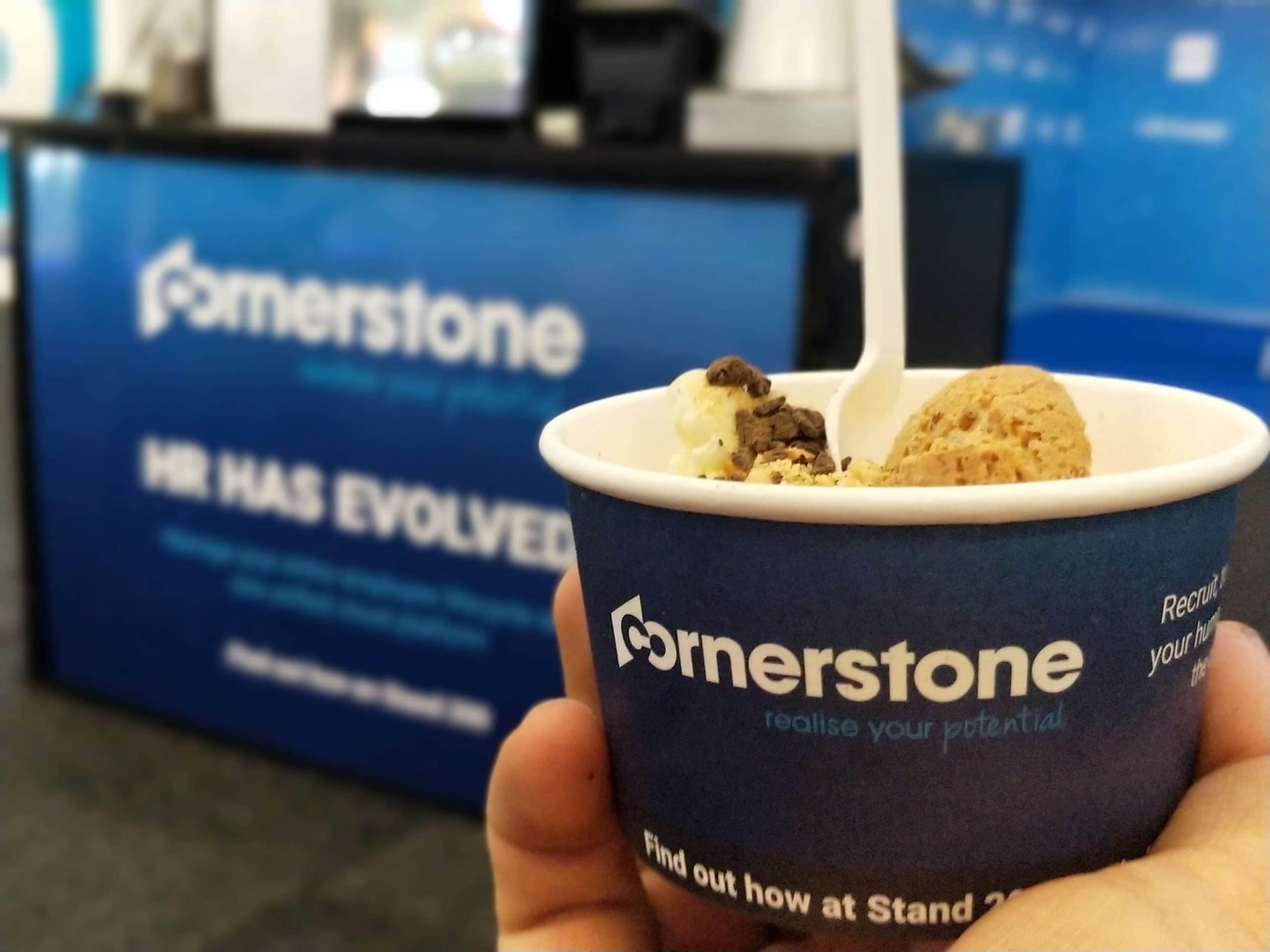 Coffee ice cream inside Cornerstone promo paper cup
