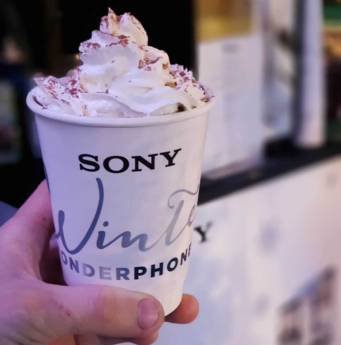 Sony promo hot chocolate with cream and red velvet sprinkles